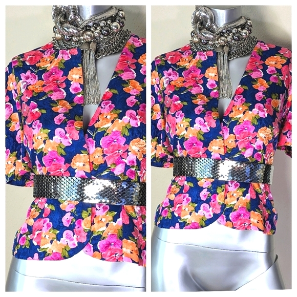 100% Silk Vibrant Bold Floral Print "Papell" Cropped Blouse Blazer - Picture 7 of 15